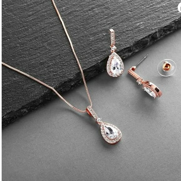Mariell Jewelry - NWT Mariell Genuine CZ 14kt RGP Earrings+Necklace Set